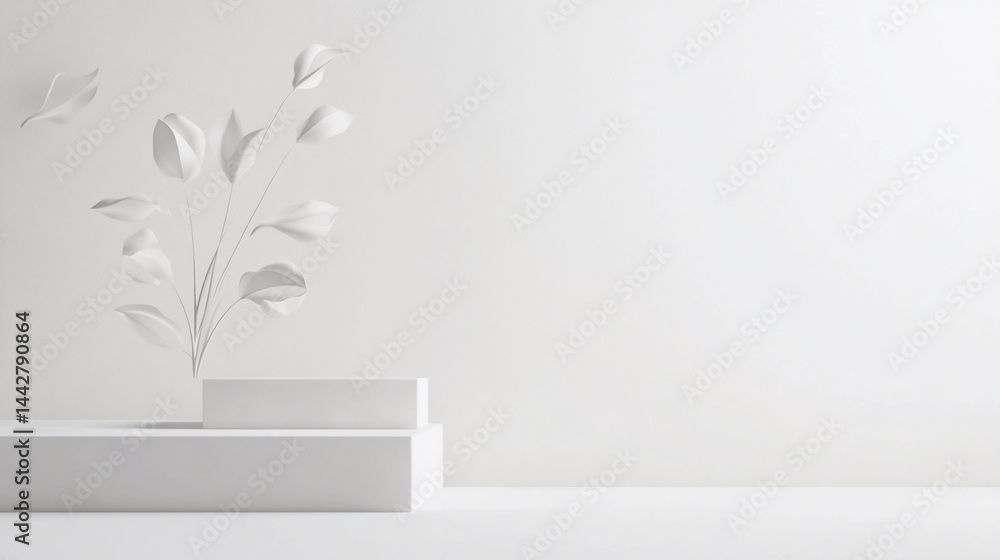 Poster minimalist presentation background with podium and floral elements for product display