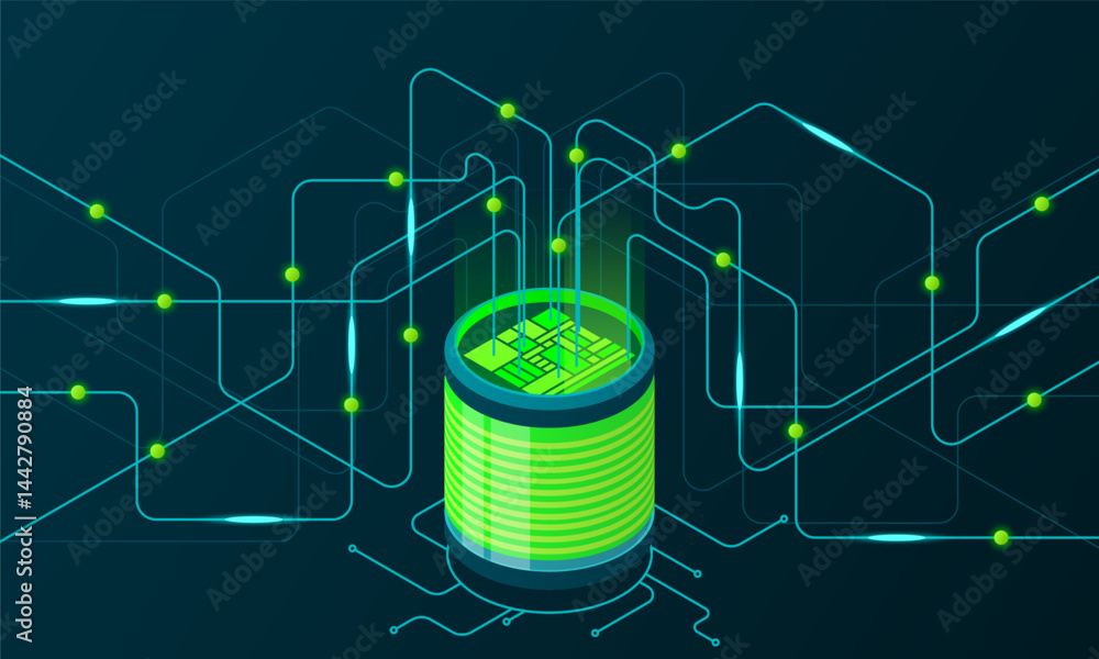 Poster isometric concept of big data processing. server energy station of future. network mainframe infrast