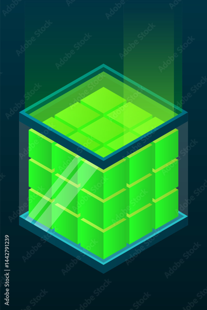 Poster Isometric database. Isometric futuristic server. Big data isometric. Cloud computing and file cloud storage. Isometric technology