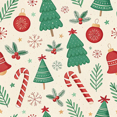 Seamless Christmas Pattern with Candy Canes, Trees, Ornaments, and Holiday Elements

