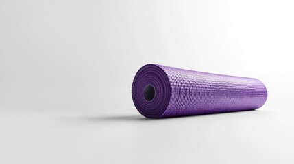 Rolled purple yoga mat on white background, fitness, exercise
