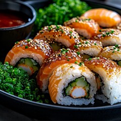 Fresh Sushi Platter with Salmon, Tuna, and Rolls