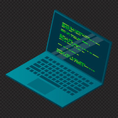 Isometric laptop. 3d isometric laptop computer. Abstract programming language and program code on a laptop screen. Isometric technology