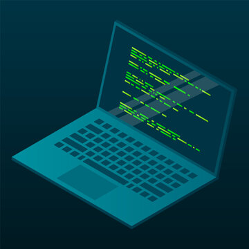 Isometric laptop. 3d isometric laptop computer. Abstract programming language and program code on a laptop screen. Isometric technology