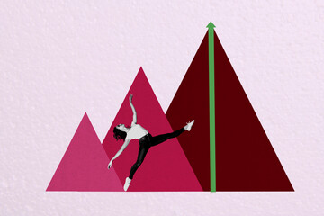 Sketch composite 3D photo collage trend artwork of young woman ballerina walk twine arrow up high business success graphics trader stats