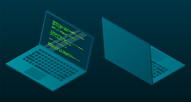 Isometric laptop. 3d isometric laptop computer. Abstract programming language and program code on a laptop screen. Isometric technology