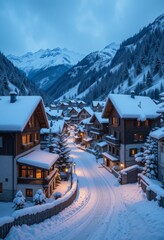 Fototapeta premium A peaceful alpine village blanketed in fresh snow with glowing windows, narrow streets, and a twilight blue hour atmosphere Generative AI