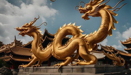 Naklejka premium Golden Dragons in a Temple Complex