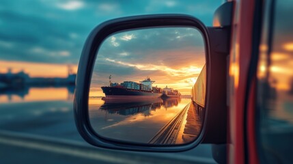 Cargo ship reflected in a side-view mirror, sunrise over a harbor.  A large container ship is seen in the reflection of a vehicle's side-view mirror, as the sun rises or sets over a bustling harbor.  