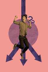 Vertical 3d artwork collage of shocked man sit arrow decline statistics regress confusion...