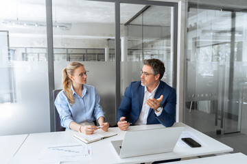 Mature mentor senior leader man, young woman manager discussing project on laptop in modern office....