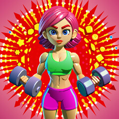 Cartoon vector fitness girl working out with dumbbells