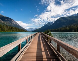 Fototapeta premium mountain lake seawalk with blue sky and white clouds in british columbia canada