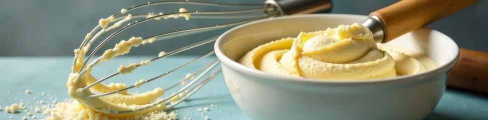 Gleaming whisk beside creamy bowl, baking prep , clean, shiny, cooking