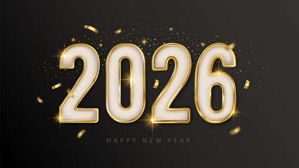 2026 Happy New Year Realistic 3d Number Golden Text Banner Background Star Confetti Greeting Invitation Luxury Vector Card