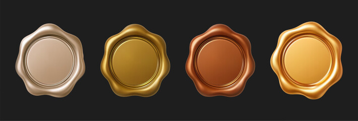 Wax Seal Stamp 3d Isolated Gold Metallic Ancient Background Vintage Old Letter Message Certificate Tag Sign Set