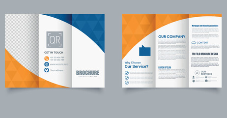 Modern Business Trifold Brochure Template with Blue and Orange Design. Editable image.