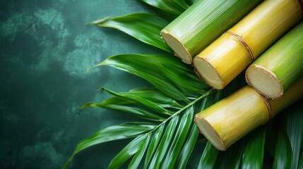 Fresh Green Bamboo Stems Surrounded by Tropical Leaves on Vibrant Green Background