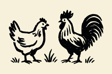 Hen and rooster standing, cartoon sketch with bold black lines