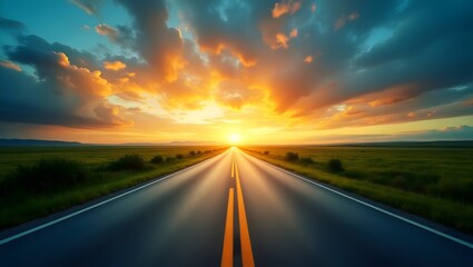 Naklejka premium Scenic Road at Sunset with Glowing Sky – Vibrant Landscape Photography with Golden Hour Light, Trees, and Horizon Perspective