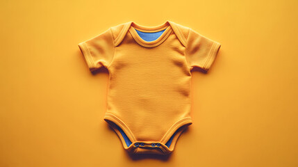 Mockup of baby bodysuit clothes on yellow background flat lay. Top view template for brand or logo advertising on children's clothes
