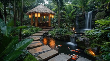 Serene Koi Pond Garden Waterfall Retreat