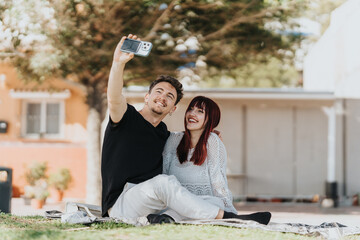 A cheerful young couple relaxes on a picnic blanket while taking a selfie, capturing their happy...