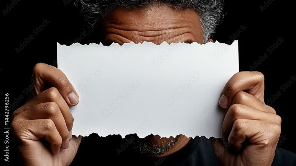 Poster man holding blank white paper in front of face with neutral expression and artistic focus on emotion
