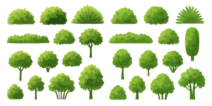Set of cartoon-style green trees and bushes &ndash; vector nature elements isolated on white background