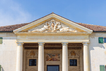 Neoclassical facade of Villa Emo in Vedelago, Treviso, Veneto, Italy, featuring sculptures and frescoes