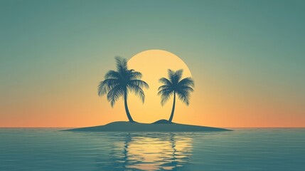 Serene Tropical Sunset over Calm Waters with Palm Trees Silhouetted on an Isolated Island in the Horizon