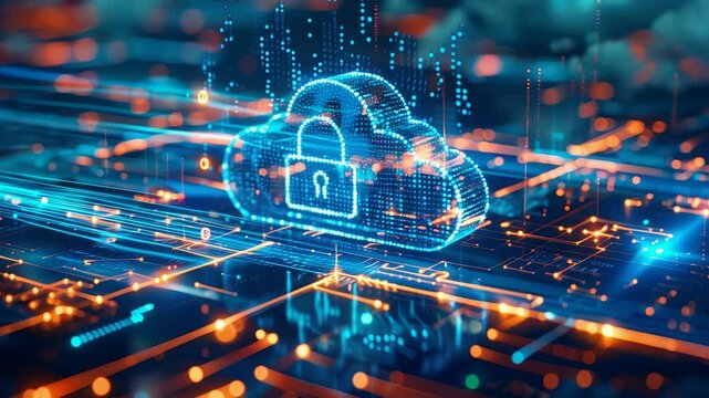 A cloud computing diagram with Syber security of cloud network, with secure network connections and a central lock symbol, Cloud Security, dynamic and dramatic compositions