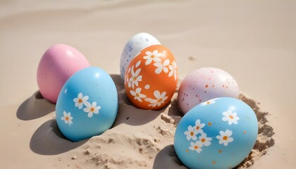 Fototapeta premium A vibrant, closeup shot features a group of brightly painted Easter eggs on the beach.