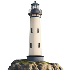 A rendered illustration of a tall lighthouse situated on rocky terrain, highlighting its navigational function and coastal position.