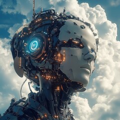 Futuristic digital world with advanced AI, robots, and cloud computing technology in a cyberpunk-style metaverse.