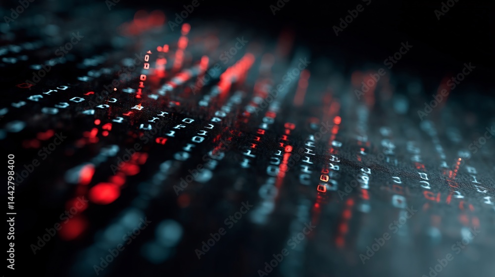 Poster abstract visualization of binary code with red and blue digital streams