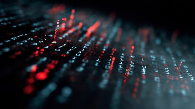 Abstract visualization of binary code with red and blue digital streams