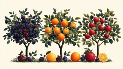 Vibrant Fruit Trees with Blackberries, Oranges, and Apples Depicted in a Colorful Botanical Illustration