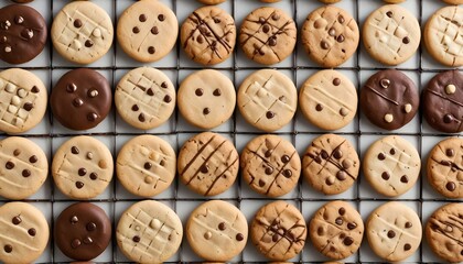 Obraz premium An overhead shot showcases a grid of perfectly arranged, delicious assorted cookies, various toppings.