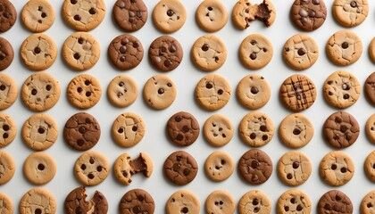 Obraz premium A close-up, overhead view of a beautiful arrangement of chocolate chip cookies.