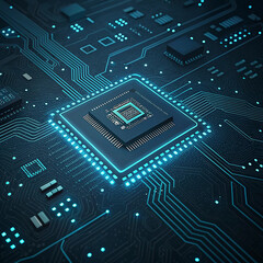Futuristic Microchip on Digital Circuit Board with Glowing Blue Lines

