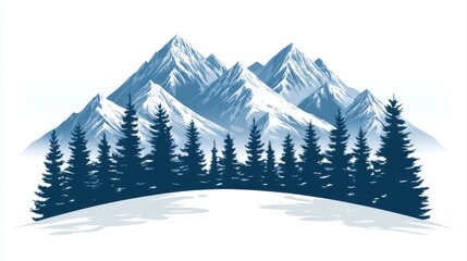 Serene Mountains with Evergreen Forest, Winter Landscape, Snow-Capped Peaks, and Tranquil Natural Beauty