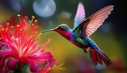 Fototapeta premium magenta throated woodstar flying in front of flower