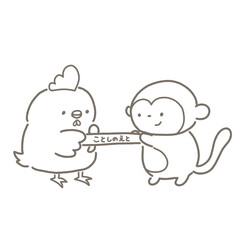 今年の干支のバトンを丁寧に渡すサルと受け取るトリ　白黒