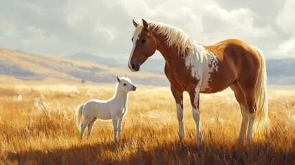 Obraz premium Mother and foal in golden field