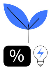 Blue leaves sprouting, a percentage symbol, and an energy-efficient bulb indicate sustainability, eco-friendliness, and renewable energy. Ideal for green energy, savings, environment, eco-living