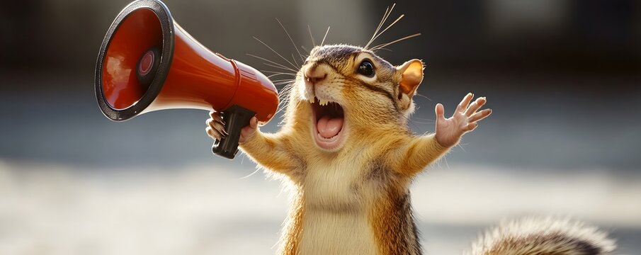 Squirrel yelling enthusiastically into a red megaphone with open mouth