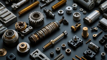 Precision Metal Parts Studio Shot, Engineering Components, Industrial Background, Design
