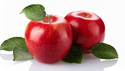two fresh red apples with green leaves on a white background white background