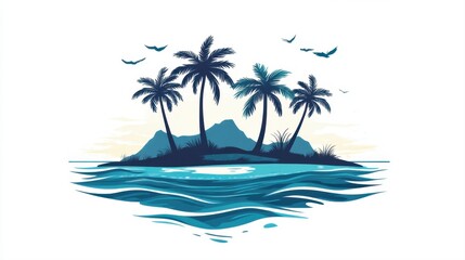 Serene Tropical Island with Palm Trees and Calm Waves Under a Clear Blue Sky